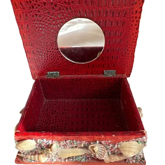 Vintage Red Seashell Embellished Jewelry Box with Mirror